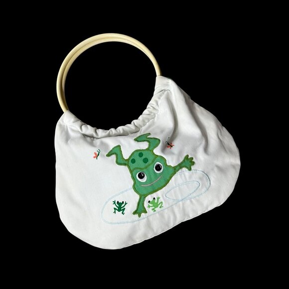 Country Fair Handbags - Vintage White Purse 1970s Country Fair Frog Lotus Plastic Hoop Handles Kitschy